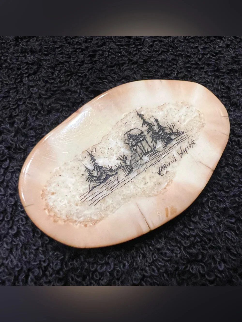 Cream Shell Art Sculpture with Ink Landscape - Decorative Accent